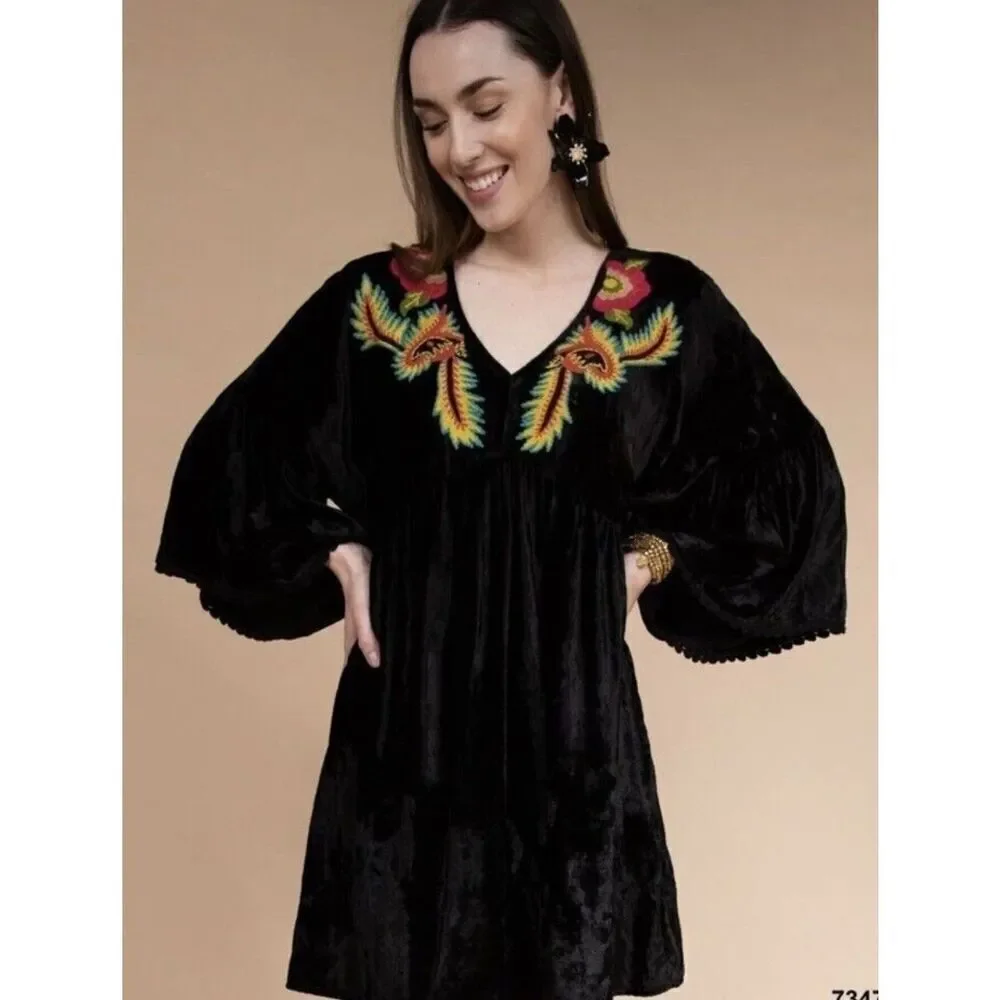 Uncle Frank Anthropologie sz S dress black velvet embroidered